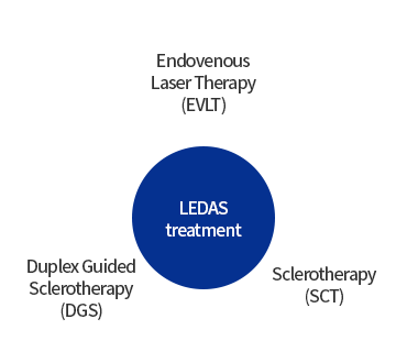 LEDAS 치료 = 레이저 치료(EVLT) + 초음파 유도 혈관경화요법(DGS) + 혈관경화요법(SCT)